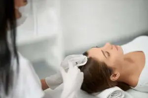 Woman receiving a hair restoration treatment session