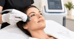 Woman receiving MOXI laser treatment for smoother skin tone and texture